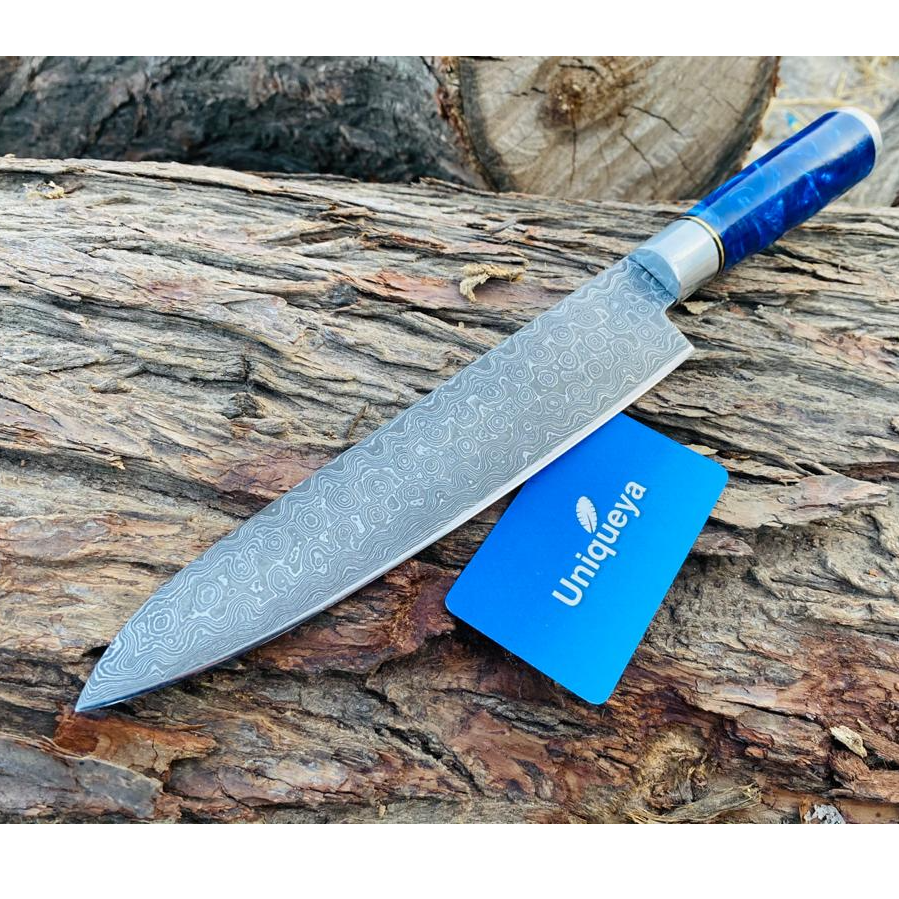 Damascus Steel Kitchen Chef Knife With Resin Handle and Leather Sheath exporter and supplier