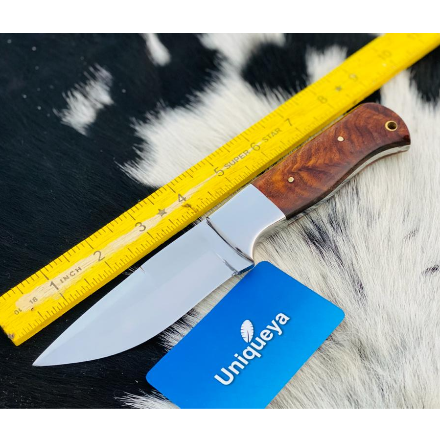 D2 steel skinner hunting knife with rose wood handle and leather sheath